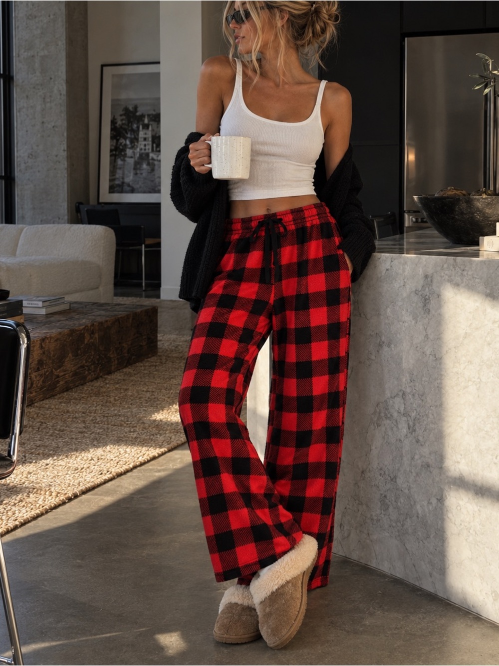 Nordstrom Buffalo Check Microfleece Pajama Pants Red Black XS